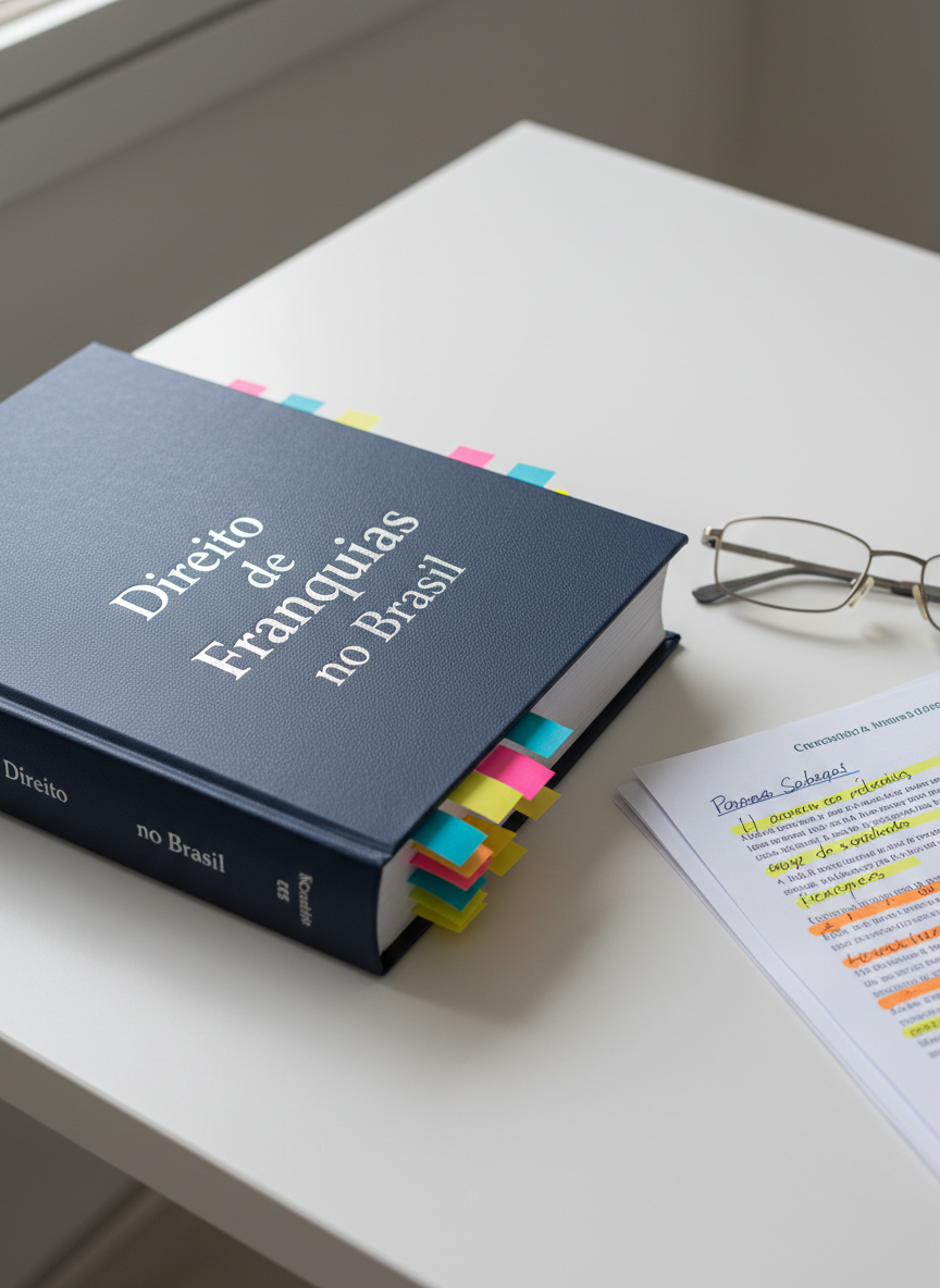 A close-up of a thick, navy-blue hardcover book titled “Direito de Franquias no Brasil” embossed in silver letters on a textured cover, resting on a minimalist white desk. Beside it, color-coded sticky notes peek out from the pages, marking key legal chapters. A pair of thin-framed reading glasses lies folded next to a small stack of annotated legal printouts with highlighted clauses. Soft, diffused daylight from an unseen window bathes the scene, creating calm, even illumination and faint, crisp shadows. Shot from a slightly elevated angle with sharp focus throughout, the composition is balanced and uncluttered. The photographic style is clean and professional, evoking a studious, authoritative atmosphere ideal for an educational franchise law portal.