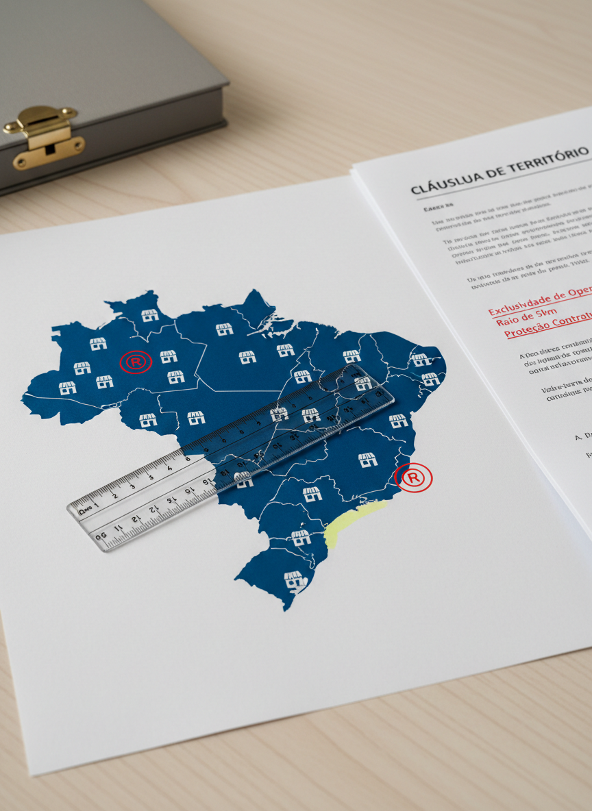 A detailed close-up of a franchise network map printed on high-quality matte paper, showing a stylized silhouette of Brazil with small, precise icons of storefronts marking territories. Alongside the map lies a printed “Cláusula de Território” page with key lines underlined in red, and a transparent ruler resting neatly over a highlighted region. The background is a light wooden tabletop with fine grain visible, partially occupied by a muted gray legal folder slightly out of focus. Soft, diffused overhead lighting avoids glare and creates a calm, analytical atmosphere. Shot from a gently elevated angle, the composition focuses on the territorial areas and annotated text. The photographic style is clean and professional, ideal for illustrating territorial exclusivity in franchise agreements.
