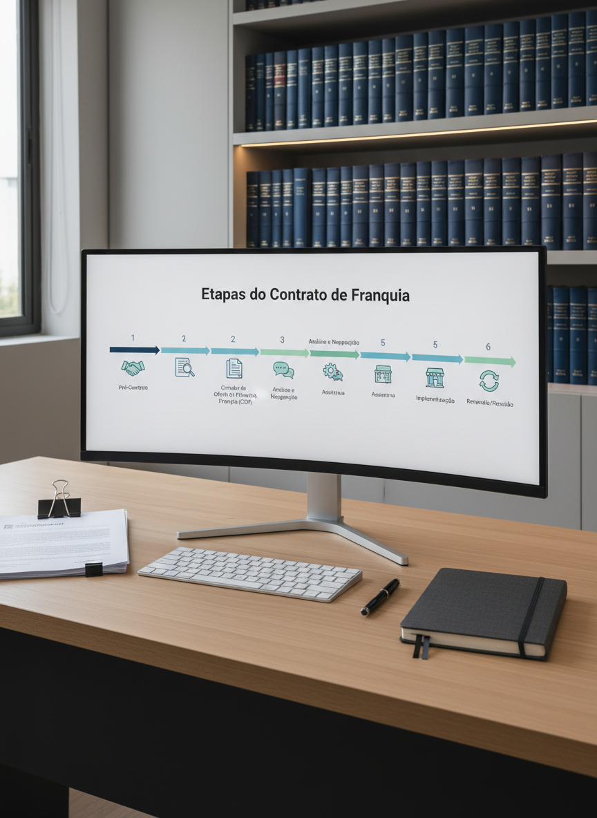 A neatly organized workspace featuring a large widescreen monitor displaying a clean, modern infographic layout about “Etapas do Contrato de Franquia” with timelines, icons of buildings, and legal document symbols. In front of the monitor, a slim wireless keyboard and a dark gray notebook with a fine-textured cover sit on a light oak desk. To the side, a small stack of printed franchise disclosure documents is clipped together with a matte black binder clip. Neutral office walls and shelves with uniformly arranged law books create a subtle background. Cool, even LED desk lighting blends with soft natural window light, eliminating harsh shadows. Photographic realism, eye-level composition, and a calm, organized mood emphasize clarity, structure, and accessibility of complex franchising concepts.