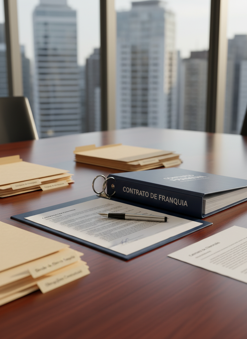 A polished wooden conference table meticulously arranged with open legal documents, a thick franchise contract binder, and a sleek silver fountain pen resting precisely on a signature line. Around the table, there are neatly stacked folders labeled with neutral-colored tabs: “Circular de Oferta de Franquia”, “Direitos do Franqueado”, and “Obrigações Contratuais”. In the background, floor-to-ceiling windows reveal a blurred, modern city skyline. Soft afternoon natural light pours in, creating gentle reflections on the glossy table surface and subtle shadows from the binder’s metal rings. Captured at eye level with a shallow depth of field, the focus is on the contract pages’ fine print. The photographic realism and clean, modern aesthetic convey professionalism, clarity, and trust in franchise law guidance.