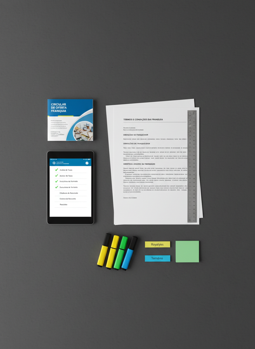 A flat lay composition of a carefully arranged franchise contract review kit on a matte charcoal surface: a printed franchise agreement with clearly visible headings, a separate “Circular de Oferta de Franquia” brochure, a slim digital tablet showing a checklist of legal requirements, and a precise metal ruler aligned with the contract margin as if measuring compliance. Yellow, blue, and green highlighters are positioned methodically beside adhesive notes labeled “Royalties”, “Território”, and “Rescisão”. Overhead softbox lighting creates even, shadow-free illumination with gentle reflections on the tablet screen. The photographic, top-down view emphasizes structure and organization. The atmosphere feels methodical, analytical, and professional, perfectly suited to explaining the breakdown of franchise contract clauses for Brazilian franchisees.