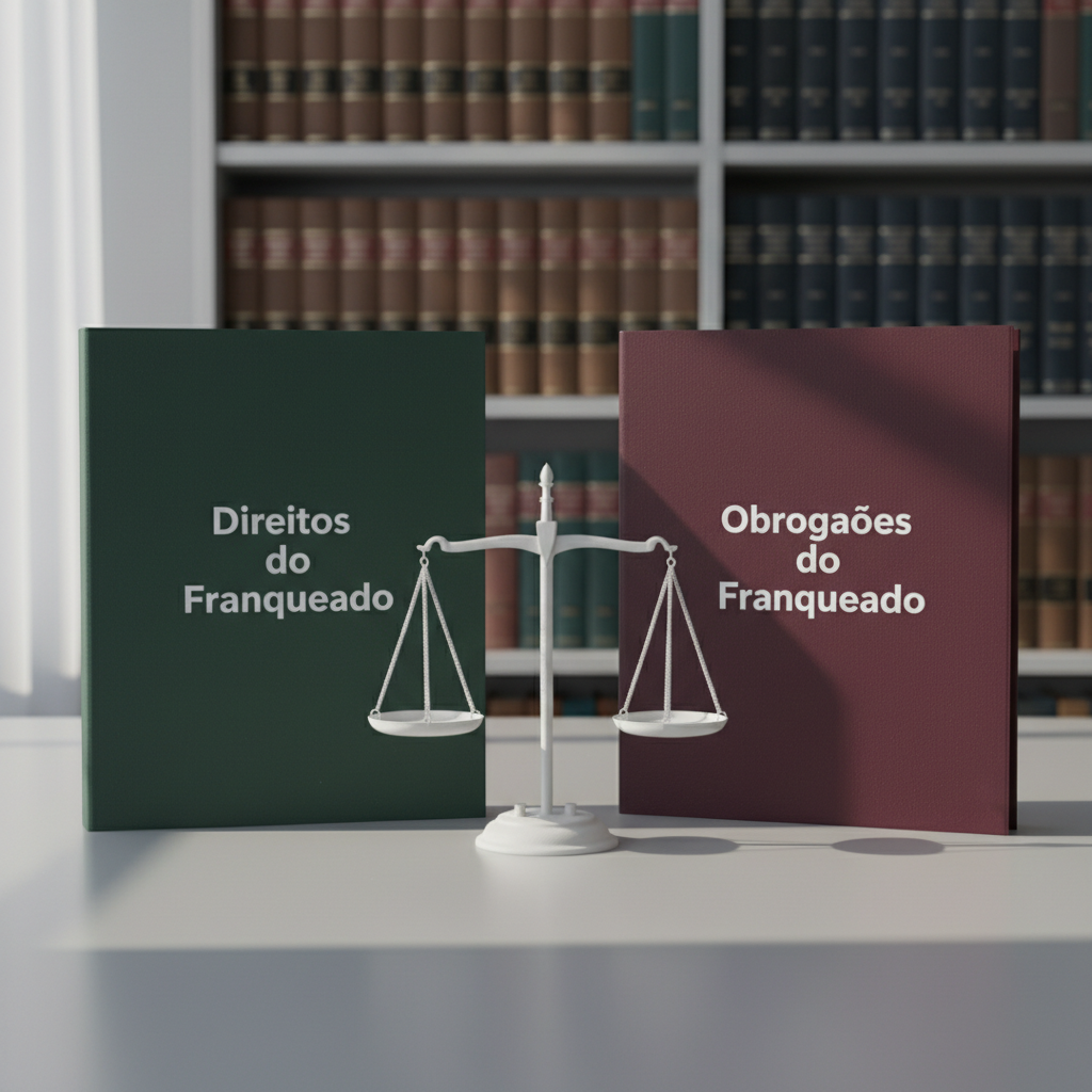A balanced, side-by-side comparison scene on a smooth light gray desk showing two contrasting legal folders: one labeled “Direitos do Franqueado” in dark green and the other “Obrigações do Franqueado” in deep burgundy, both in clean, modern typography. Between them lies a pristine white scale-of-justice figurine made of matte ceramic, its arms perfectly level, symbolizing contractual balance. Behind, a blurred bookshelf filled with uniformly bound law volumes provides subtle context. Soft morning window light falls diagonally across the desk, creating gentle, elongated shadows and highlighting the embossed folder titles. Captured at a slightly low, eye-level angle with moderate depth of field, the photographic realism and minimalist composition convey fairness, equilibrium, and a clear understanding of franchisee rights and duties.